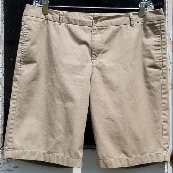 Lands' End Khaki Plain Front Cotton Blend Bermuda Shorts - Picture 7 of 13